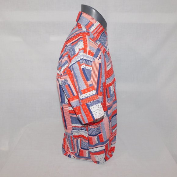 VTG Doug's Leisure Wear Mens L Red white blue Patchwork Look Button front Shirt - Picture 7 of 11
